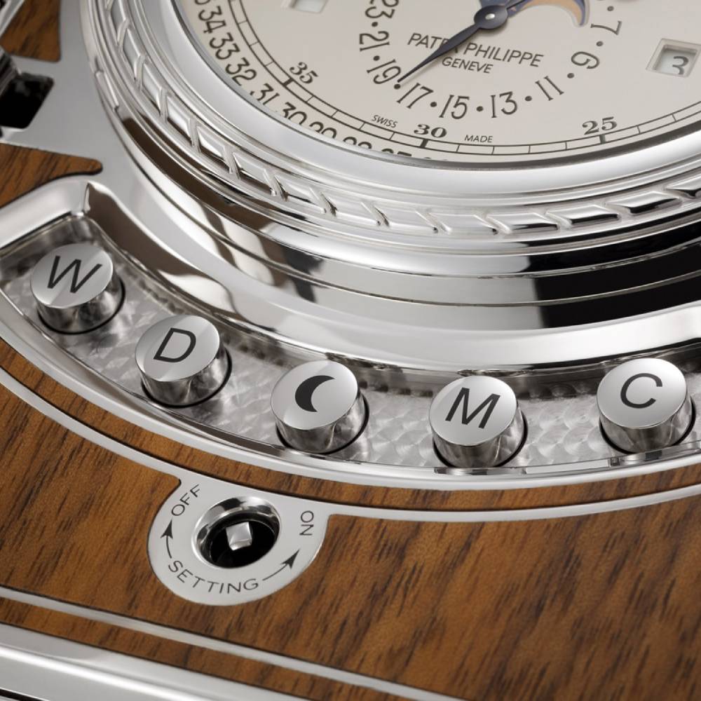 2025 Release Patek Philippe Grand Complications 125 mm Desk Clock - Ref: 27000M-001 - Opaline Dial, Sterling Silver Cabinet
