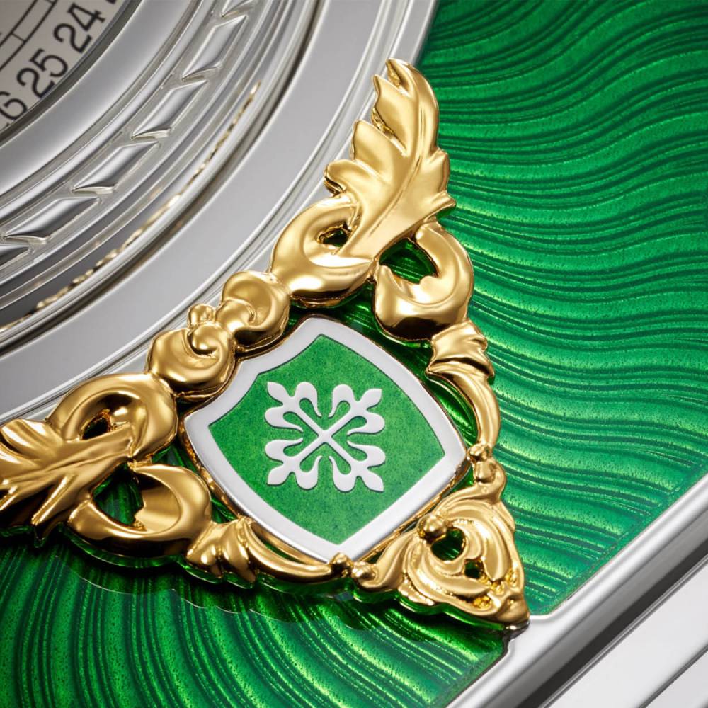 2025 Release Patek Philippe Grand Complications 125 mm Desk Clock - Ref: 27000M-001 - Opaline Dial, Sterling Silver Cabinet
