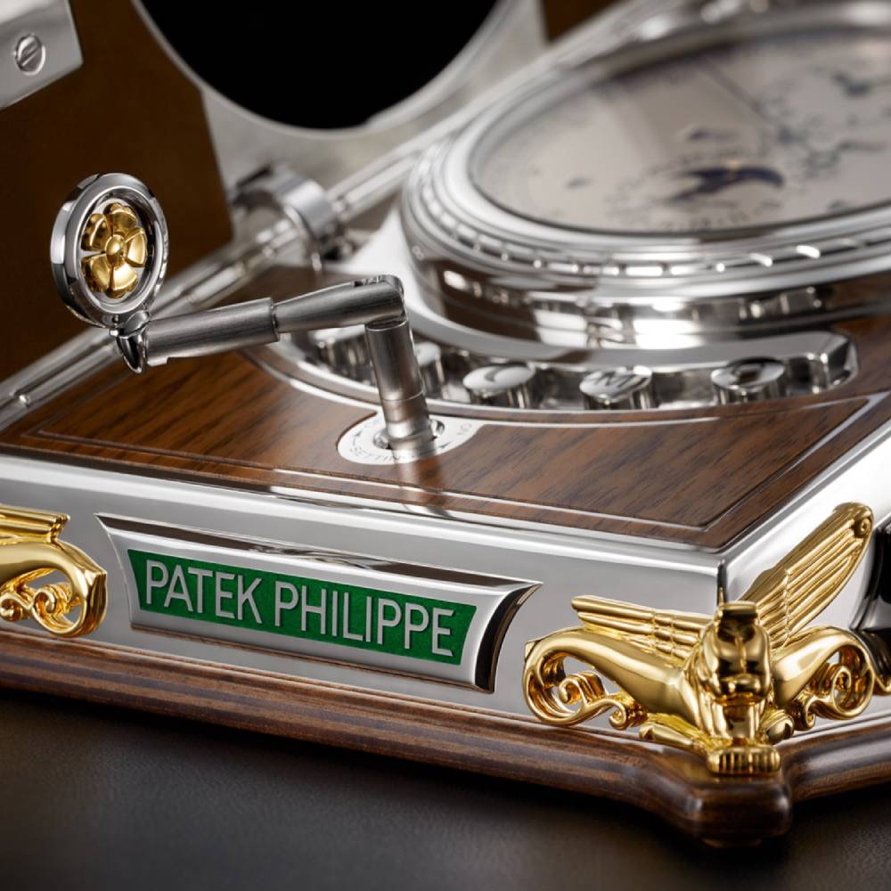 2025 Release Patek Philippe Grand Complications 125 mm Desk Clock - Ref: 27000M-001 - Opaline Dial, Sterling Silver Cabinet