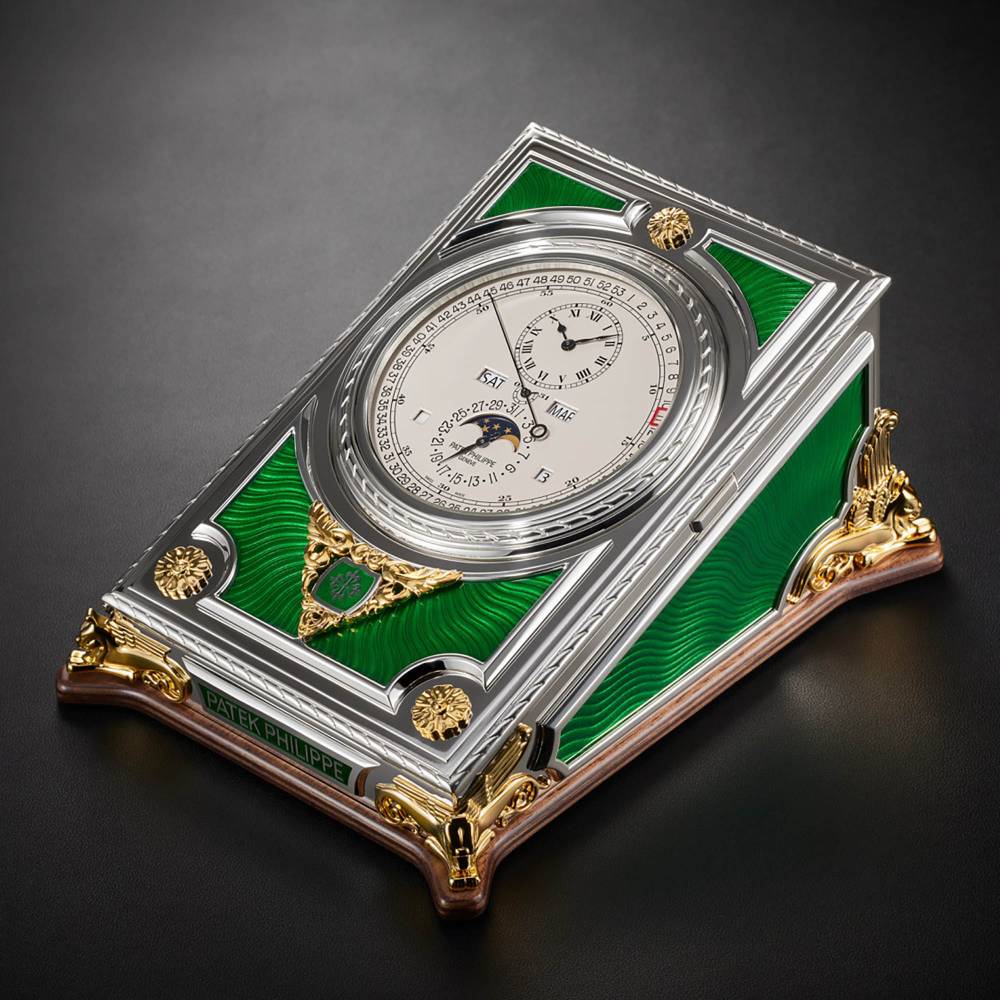 2025 Release Patek Philippe Grand Complications 125 mm Desk Clock - Ref: 27000M-001 - Opaline Dial, Sterling Silver Cabinet