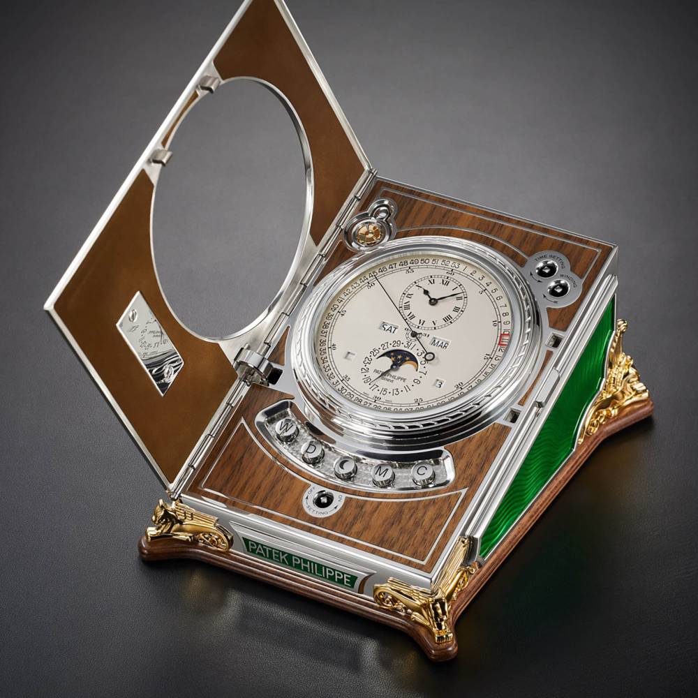 2025 Release Patek Philippe Grand Complications 125 mm Desk Clock - Ref: 27000M-001 - Opaline Dial, Sterling Silver Cabinet