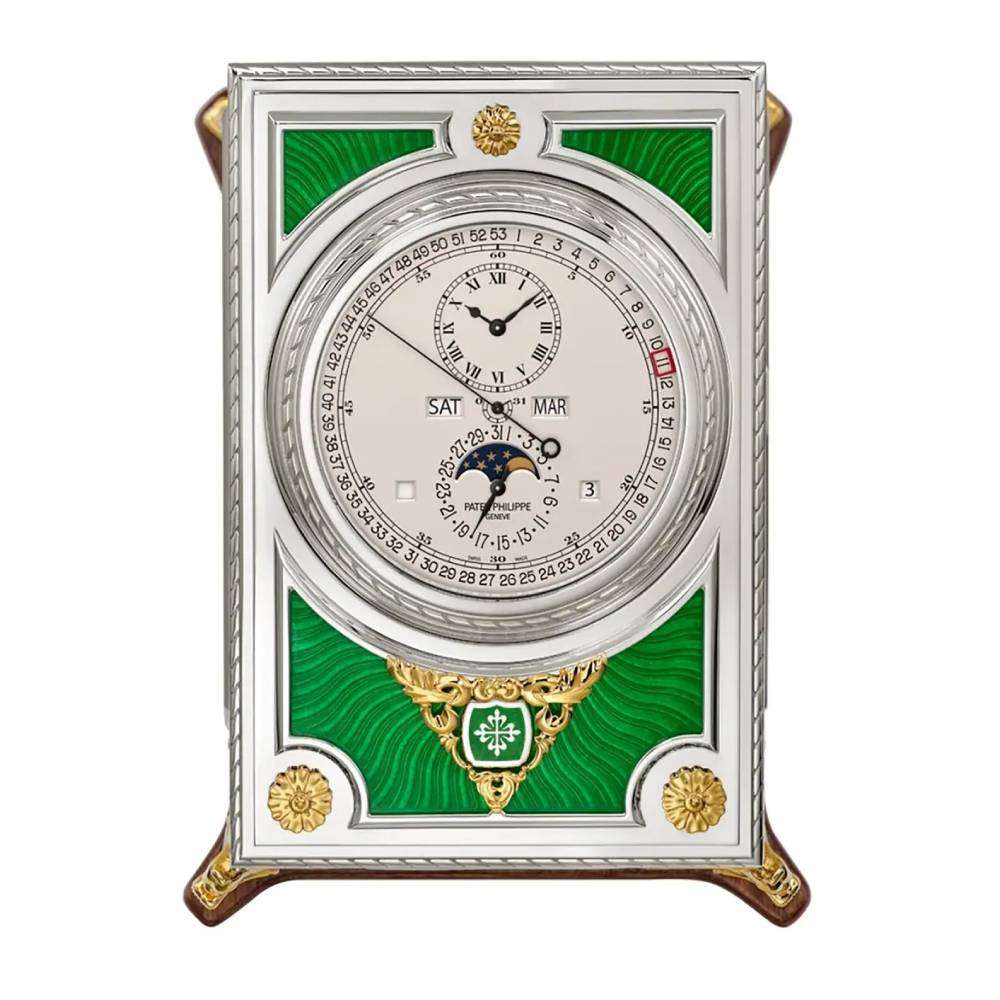 2025 Release Patek Philippe Grand Complications 125 mm Desk Clock - Ref: 27000M-001 - Opaline Dial, Sterling Silver Cabinet