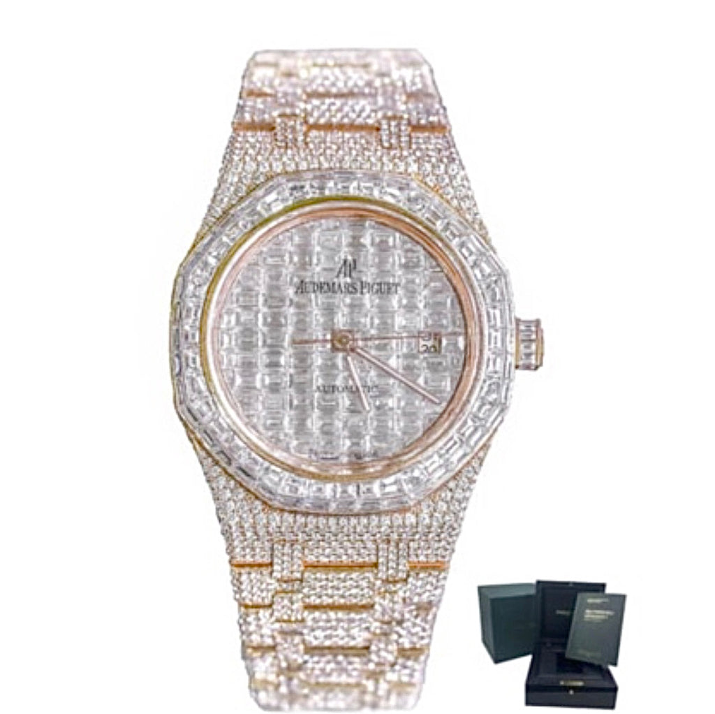 Custom Iced Out Audemars Piguet, Royal Oak 33 mm, 18k Rose Gold Bracelet, Diamond Dial Diamond Bezel, 18k Rose Gold Case, Ladies Watch, Ref. # 15500