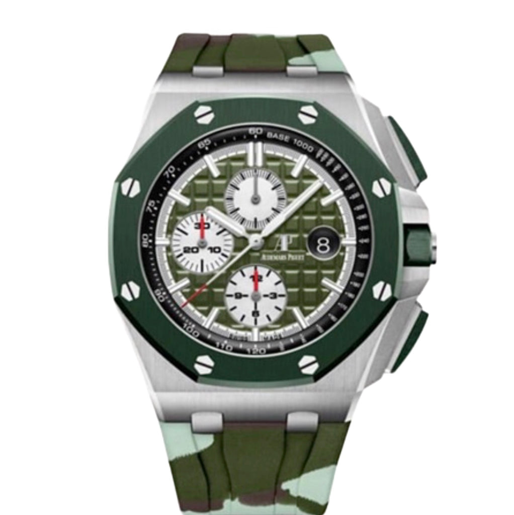 Audemars Piguet, Camo Royal Oak Offshore 44 mm, Khaki green “Camouflage” rubber strap, Khaki green Dial, Mens Watch, Ref. # 26400SO.OO.A055CA.01