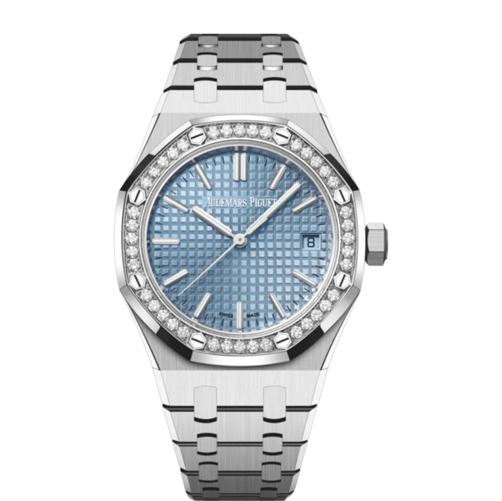 Audemars Piguet, Royal Oak 37 mm, stainless steel Bracelet, blue tapisserie Dial Diamond Bezel, Ladies Watch, Ref. # 15551ST.ZZ.1356ST.01