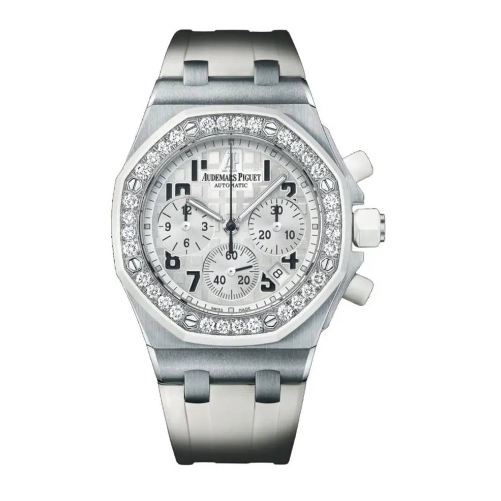 Audemars Piguet Royal Oak 37 mm | White rubber strap | White Dial Diamond Bezel | Ladies Watch Ref. 26048SK.ZZ.D010CA.01