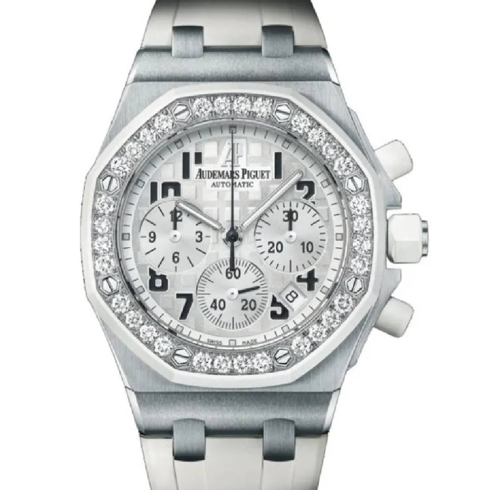 Audemars Piguet Royal Oak 37 mm | White rubber strap | White Dial Diamond Bezel | Ladies Watch Ref. 26048SK.ZZ.D010CA.01