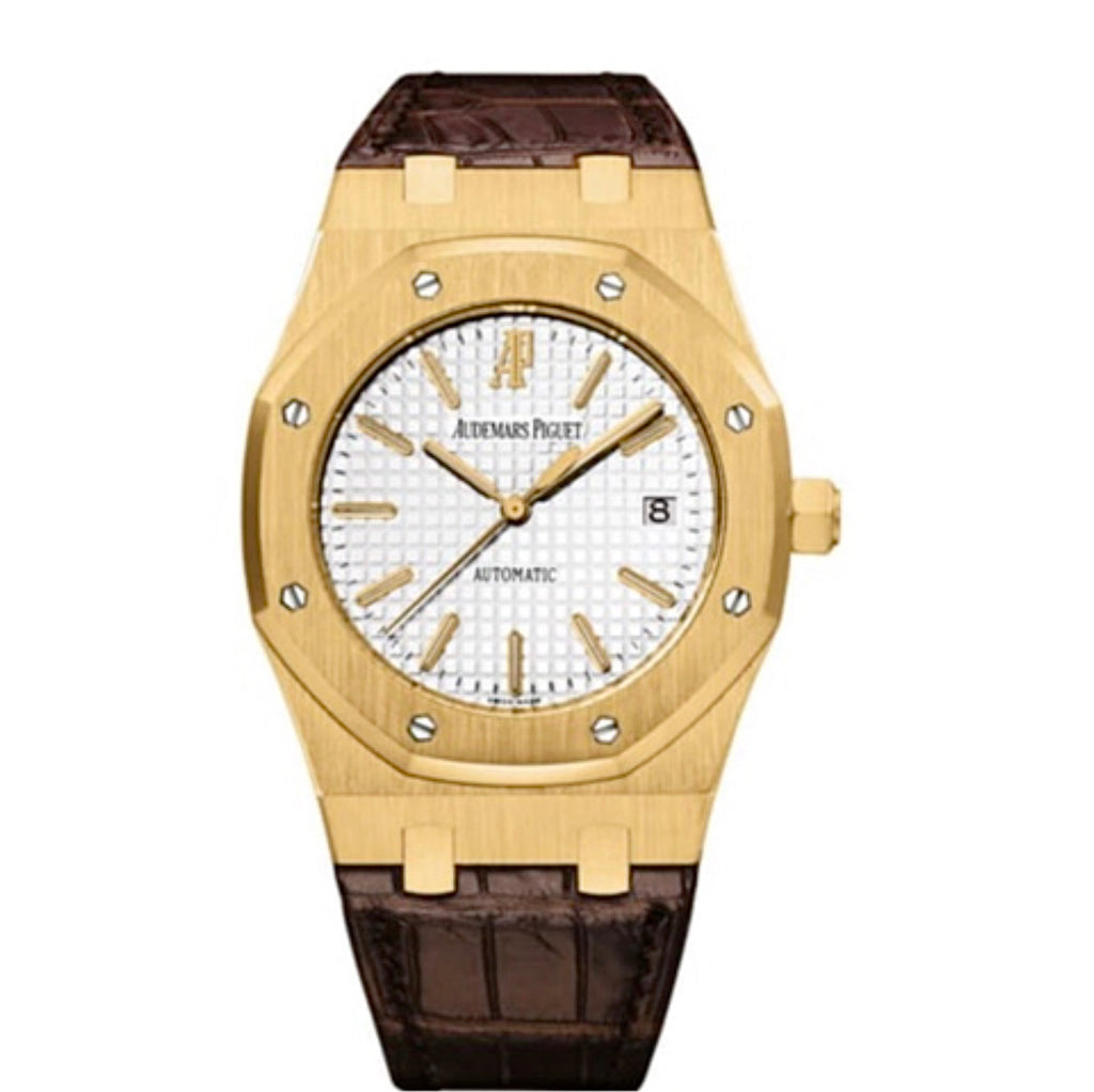 Audemars Piguet, Royal Oak 39 mm, crocodile strap, Silvered Dial Yellow Gold Case Mens Watch, Ref. # 15300BA.OO.D088CR.01