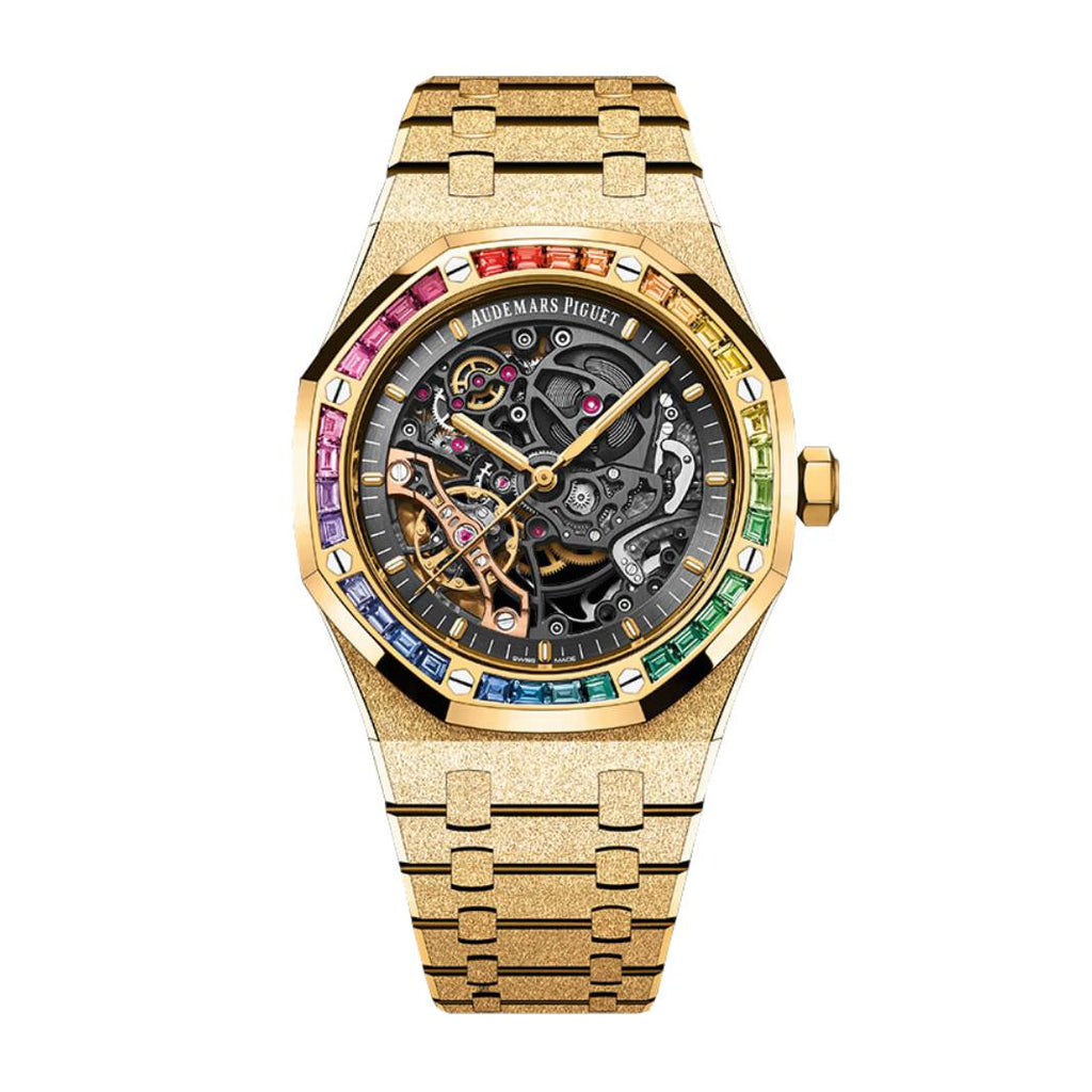 Audemars Piguet Royal Oak Frosted Gold Double Balance Wheel Openworked 41 mm | Yellow gold Bracelet | Skeletonised dial “Rainbow” bezel | Mens Watch, Ref. 15412BA.YG.1224BA.01-A