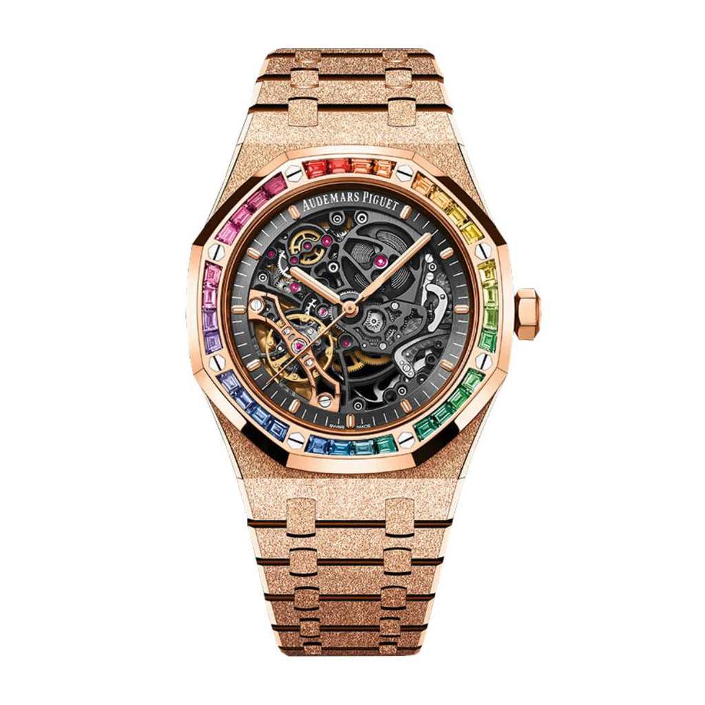 Audemars Piguet Royal Oak Frosted Gold Double Balance Wheel Openworked 41 mm | Rose gold Bracelet | Skeletonised dial “Rainbow” bezel | Mens Watch, Ref. 15412OR.YG.1224OR.01-A