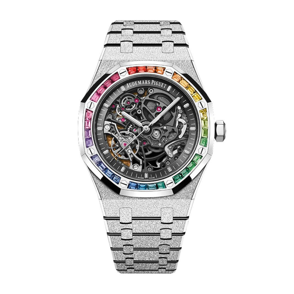 Audemars Piguet Royal Oak Frosted Gold Double Balance Wheel Openworked 41 mm | White gold Bracelet | Skeletonised dial “Rainbow” bezel | Mens Watch, Ref. 15412BC.YG.1224BC.03-A