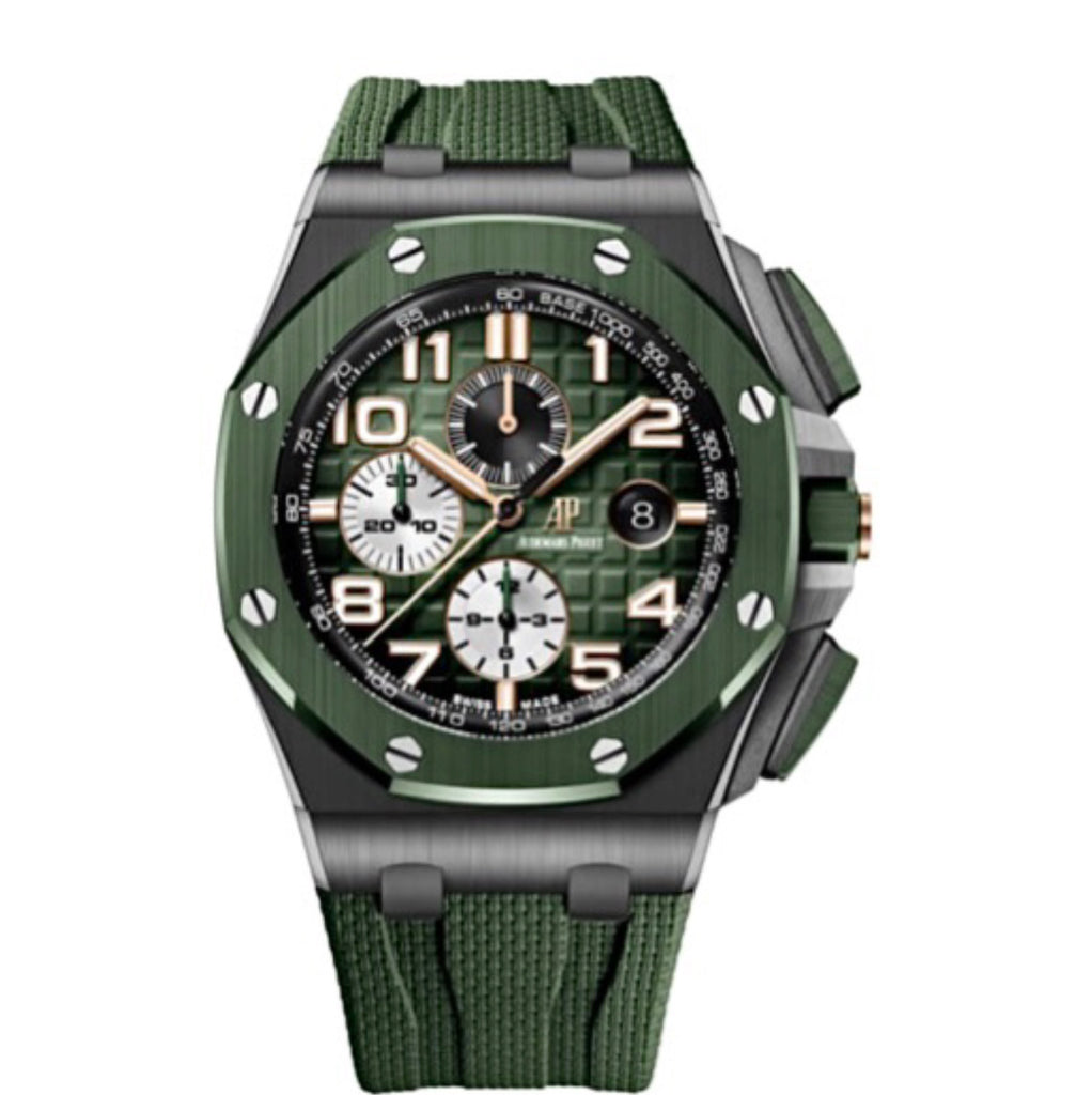 Audemars Piguet, Royal Oak Offshore 44 mm, Green rubber strap, Smoked green Dial, Ceramic Case, Mens Watch, Ref. # 26405CE.OO.A056CA.01