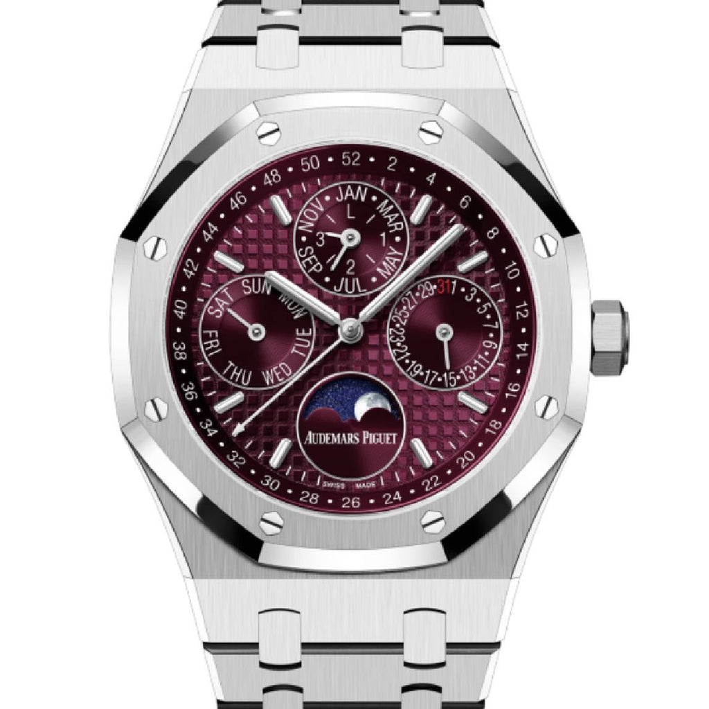 Audemars Piguet Royal Oak Perpetual Calendar 41 mm | 18k White Gold Bracelet | Purple-Burgundy Dial | Mens Watch, Ref. 26574BC.OO.1220BC.01