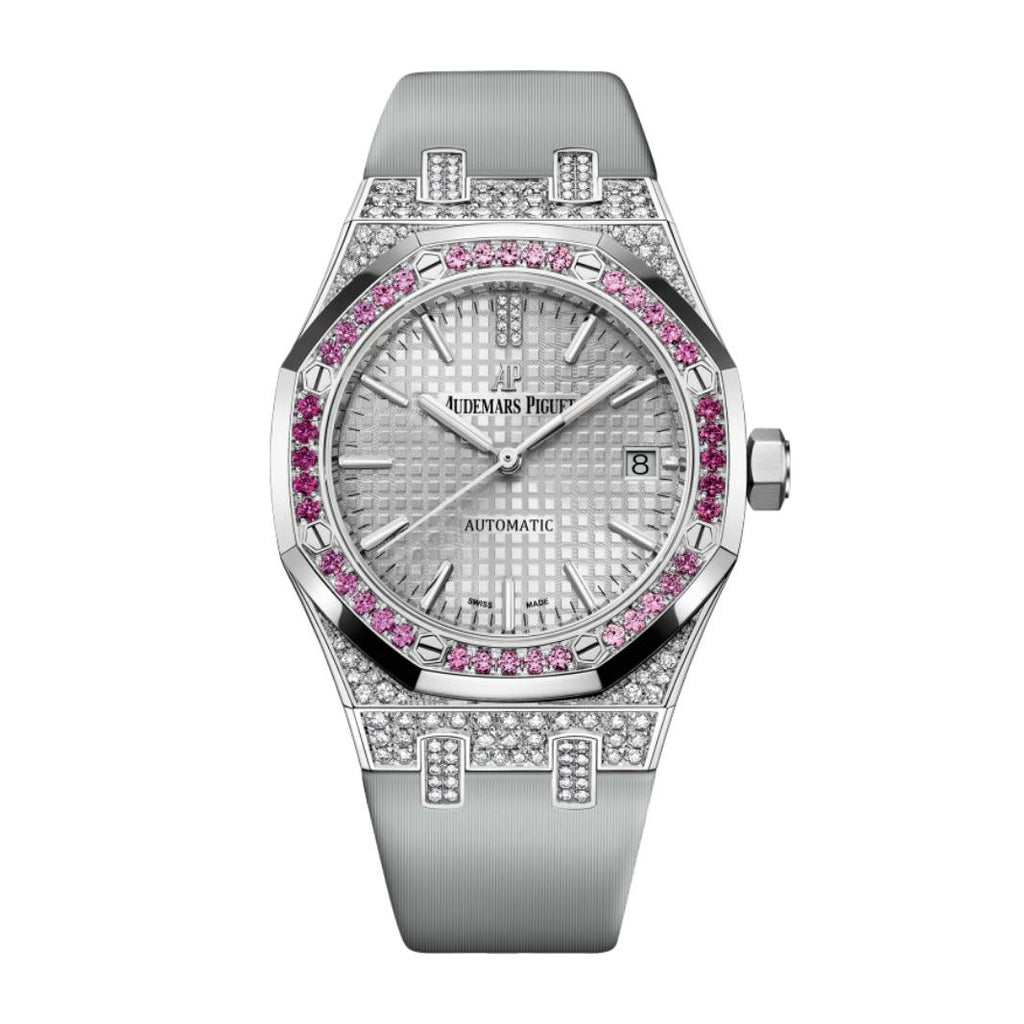 Audemars Piguet Royal Oak Selfwinding 37 mm | Light grey satin-finished calfskin strap | Rhodium-toned “Grande Tapisserie” dial Sapphires and Rubies bezel | White gold Case with Diamonds Mens Watch, Ref. 15452BC.ZY.D007VE.01