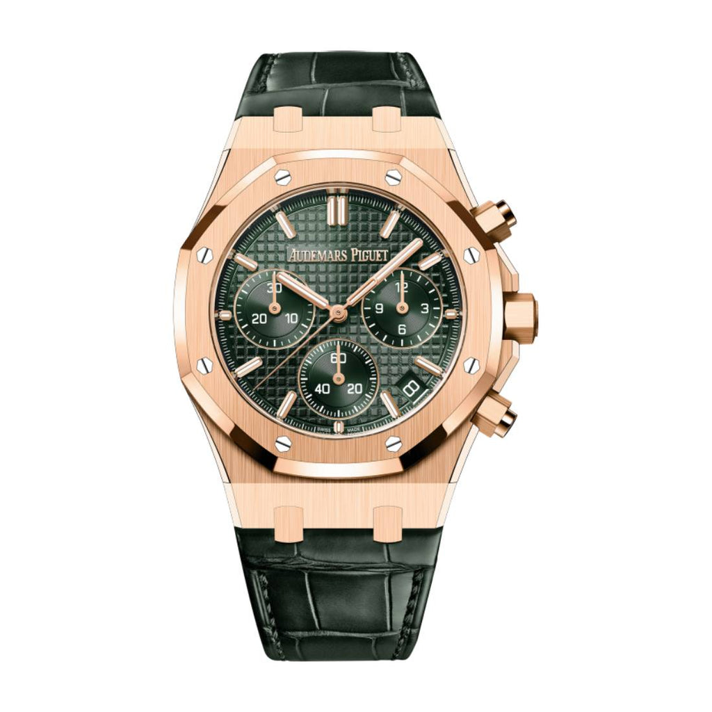 Audemars Piguet Royal Oak Selfwinding Chronograph 41 mm | Khaki Green Alligator Strap | Khaki “Grande Tapisserie” Dial | 18k Rose Gold Case Mens Watch, Ref. 26240OR.OO.D404CR.02