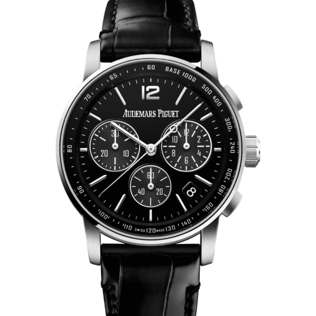 Audemars Piguet code 11.59 Selfwinding Chronograph 41mm | Black alligator strap Bracelet | Lacquered black Dial | 18k White Gold Case | Mens Watch, Ref. 26393BC.OO.A002CR.01