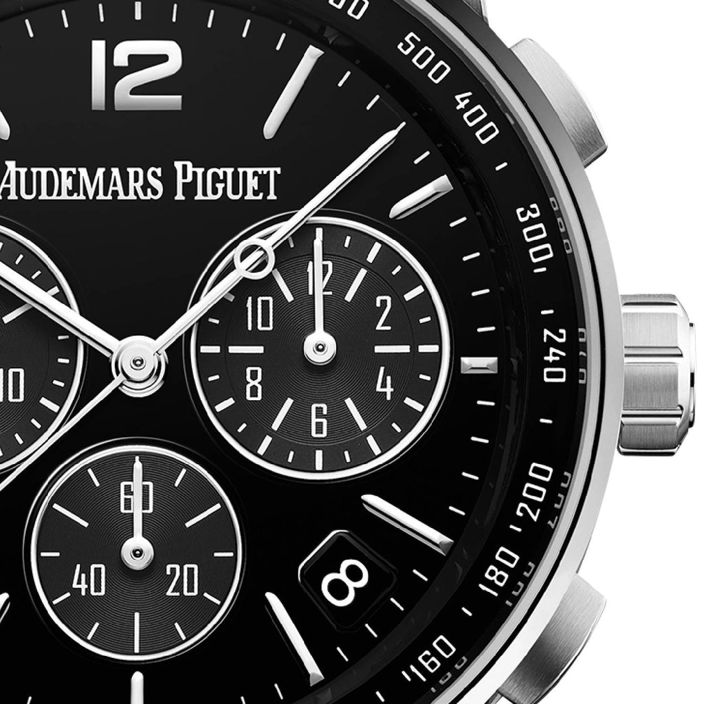 Audemars Piguet code 11.59 Selfwinding Chronograph 41mm | Black alligator strap Bracelet | Lacquered black Dial | 18k White Gold Case | Mens Watch, Ref. 26393BC.OO.A002CR.01