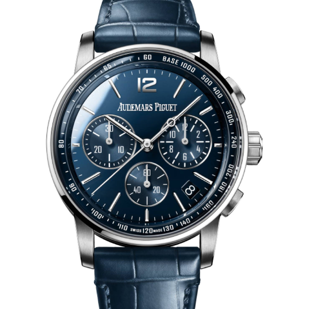 Audemars Piguet code 11.59 Selfwinding Chronograph 41mm | Blue alligator strap Bracelet | Lacquered blue Dial | 18k White Gold Case | Mens Watch, Ref. 26393BC.OO.A321CR.01