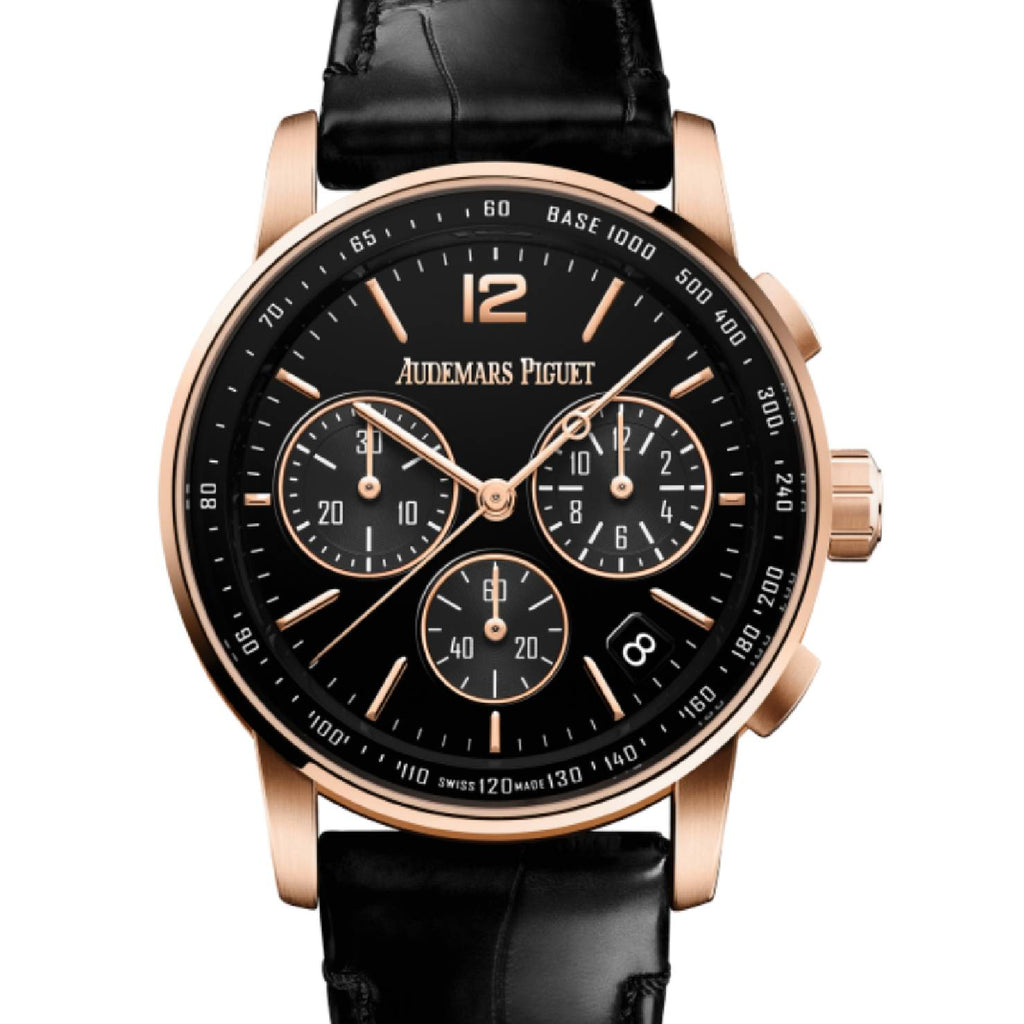 Audemars Piguet code 11.59 Selfwinding Chronograph 41mm | Black Alligator strap Bracelet | Lacquered black Dial | 18k Rose Gold Case | Mens Watch, Ref. 26393OR.OO.A002CR.01