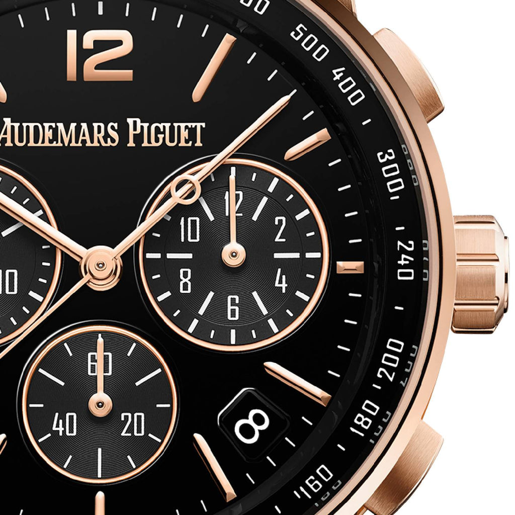 Audemars Piguet code 11.59 Selfwinding Chronograph 41mm | Black Alligator strap Bracelet | Lacquered black Dial | 18k Rose Gold Case | Mens Watch, Ref. 26393OR.OO.A002CR.01