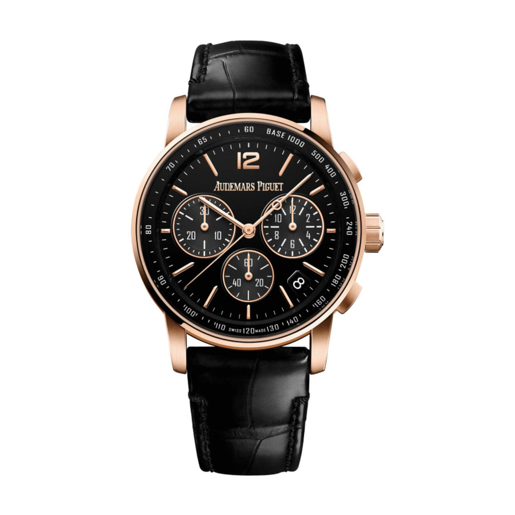 Audemars Piguet Selfwinding Chronograph 41mm | Black Alligator strap Bracelet | Lacquered black Dial | 18k Rose Gold Case | Mens Watch, Ref. 26393OR.OO.A002CR.01