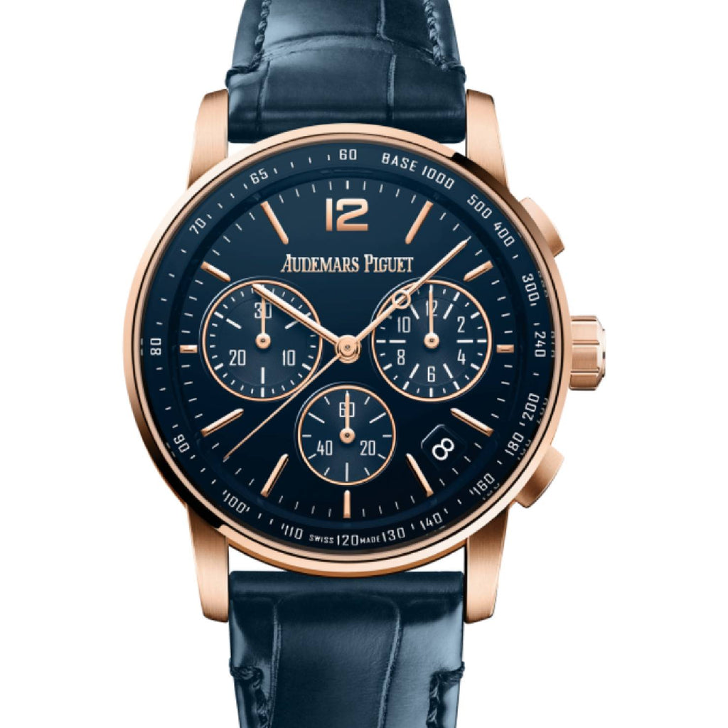 Audemars Piguet code 11.59 Selfwinding Chronograph 41mm | Blue Alligator strap Bracelet | Lacquered blue Dial | 18k Rose Gold Case | Mens Watch, Ref. 26393OR.OO.A321CR.01