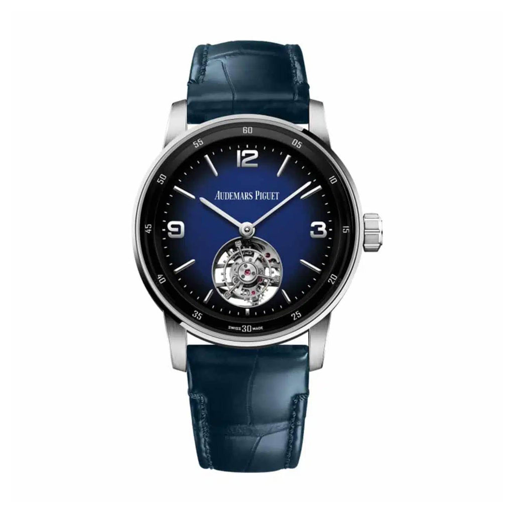 Audemars Piguet Selfwinding Flying Tourbillon 41mm | Blue Alligator strap Bracelet | Smoked blue enamel Dial | 18k White Gold Case | Mens Watch, Ref. 26396BC.OO.D321CR.01