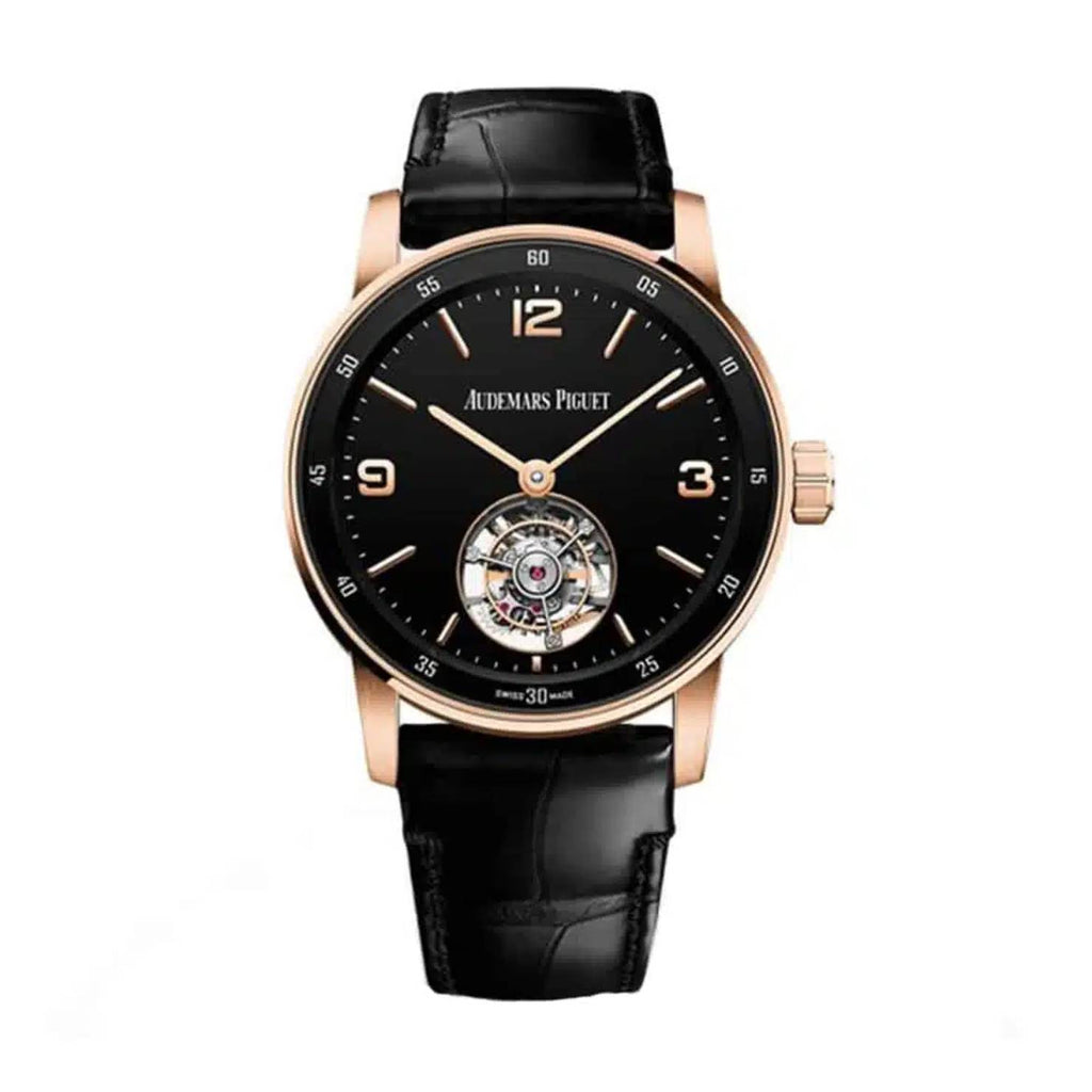 Audemars Piguet Selfwinding Flying Tourbillon 38.5mm | Black alligator strap Bracelet | Black Dial | 18k Rose Gold Case | Mens Watch, Ref. 26396OR.OO.D002CR.01