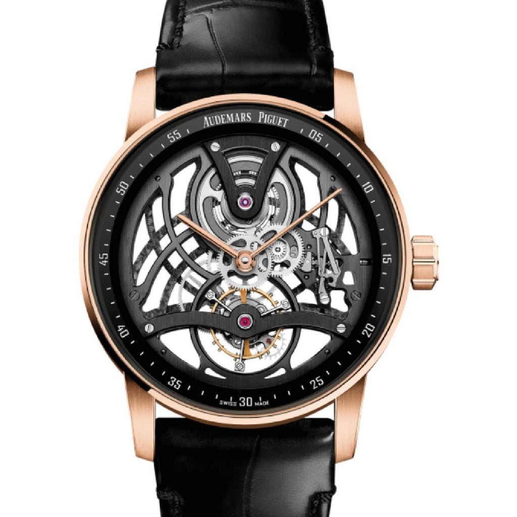 Audemars Piguet Tourbillon Openworked 41 mm | Black alligator strap | Lacquered black Dial | 18k Rose gold Case | Mens Watch, Ref. 26600OR.OO.D002CR.01