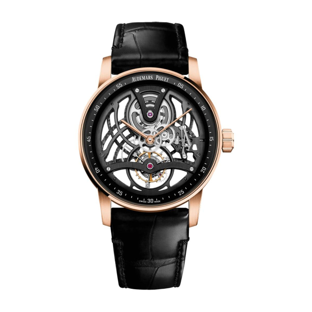 Audemars Piguet Tourbillon Openworked 41 mm | Black alligator strap | Lacquered black Dial | 18k Rose gold Case | Mens Watch, Ref. 26600OR.OO.D002CR.01