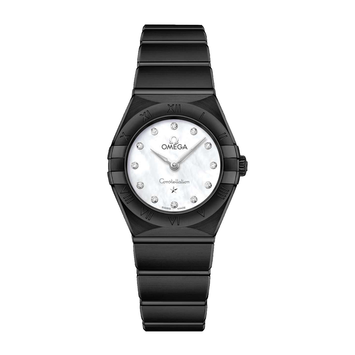 Black Omega DLC PVD Constellation 25mm Black DLC PVD Stainless Steel bracelet White dial Ladies Watch 131.10.25.60.05.001 pvd