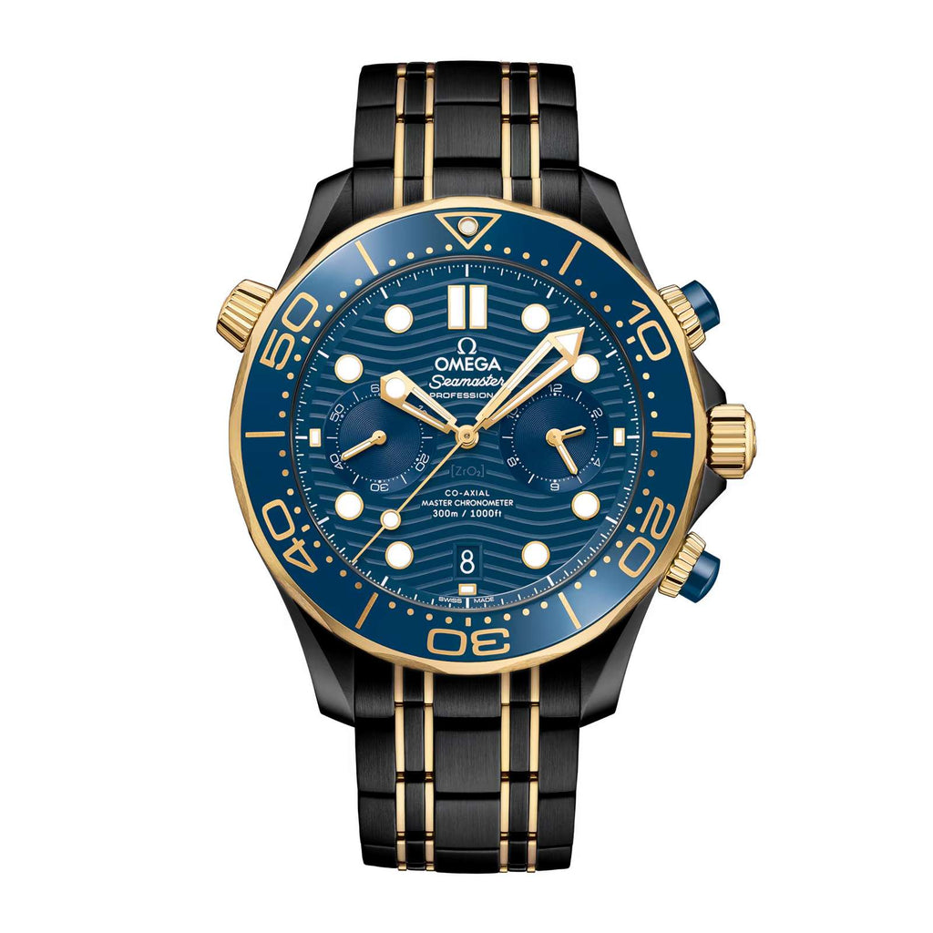 Black Omega DLC-PVD Seamaster 44mm | Two-Tone Black DLC-PVD Stainless Steel and 18k Yellow Gold bracelet | Blue dial Blue bezel | Men's Watch 210.20.44.51.03.001-pvd