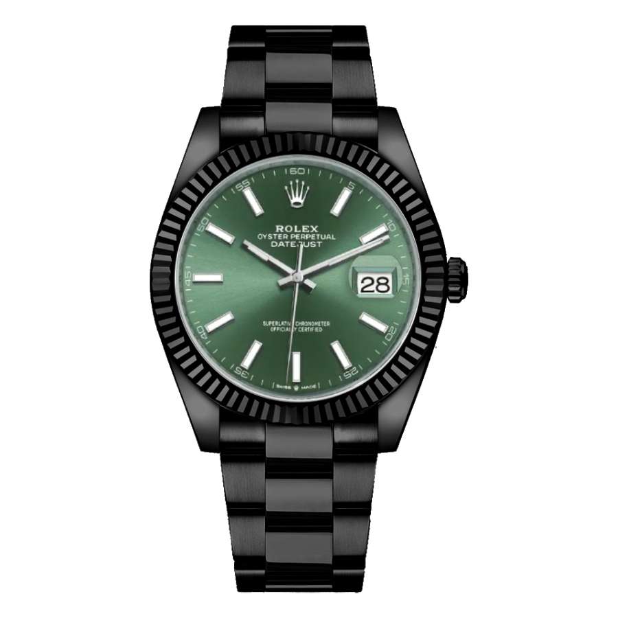 Black Rolex DLC-PVD Datejust 41mm | Black DLC-PVD Oystersteel and 18k White Gold Oyster bracelet | Green dial Fluted bezel | Men's Watch 126334-pvd