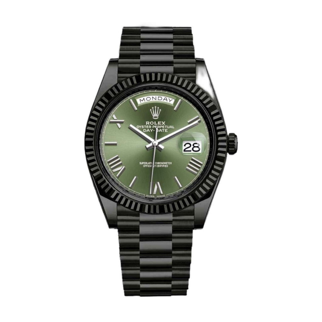 Black Rolex DLC-PVD Day-Date 40mm | Black DLC-PVD Stainless Steel President bracelet | Olive Green dial Fluted bezel | Men's Watch 228239-0033-pvd-2