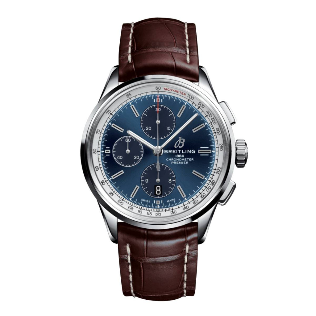 Breitling Premier Chronograph 42 mm | Brown crocodile leather strap | Blue dial | Men's Watch A13315351C1P2