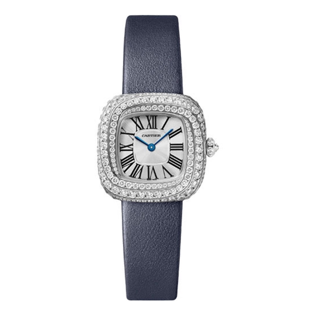 Cartier, Coussin de Cartier, 27.1mm | blue calfskin strap Bracelet | sunray silver Dial white gold Bezel | Ladies Watch, Ref. # WJCS0002