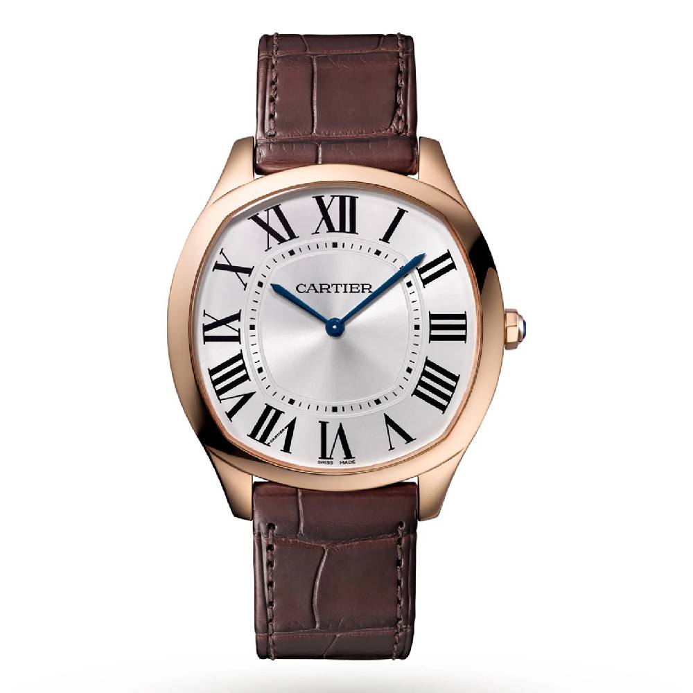 Cartier Drive de Cartier Extra Flat 38 mm | Semi-matte brown alligator strap bracelet | Silvered satin-brushed dial | 18K Rose gold Case Men's Watch WGNM0006