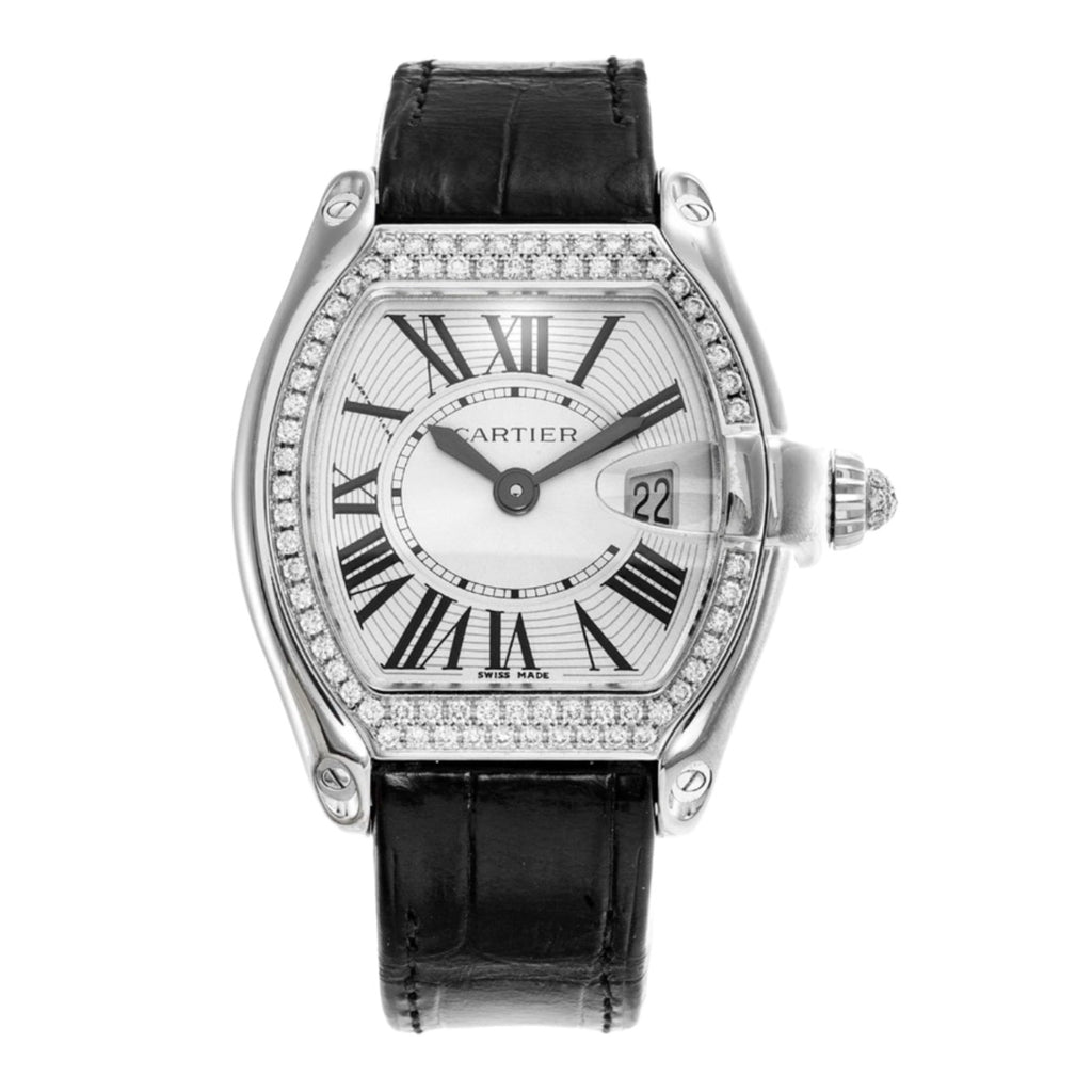 Cartier, Roadster 31mm | Black Leather Strap | Silver Dial Diamond Bezel | white gold Case | Women's Watch, Ref. # WE500260