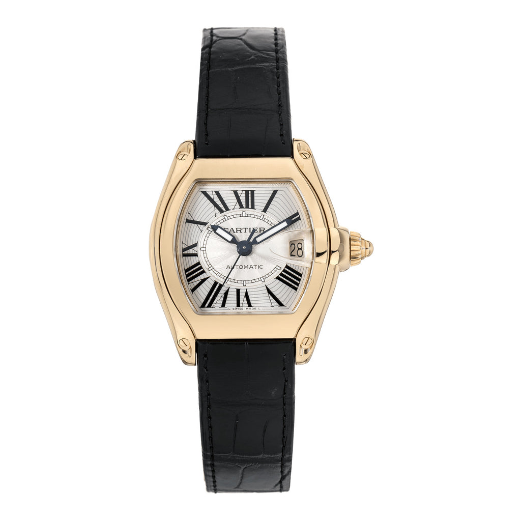 Cartier, Roadster 38mm | Black Leather Strap | Silver Dial | Yellow Gold Case | Men's Watch, Ref. # W62005V2
