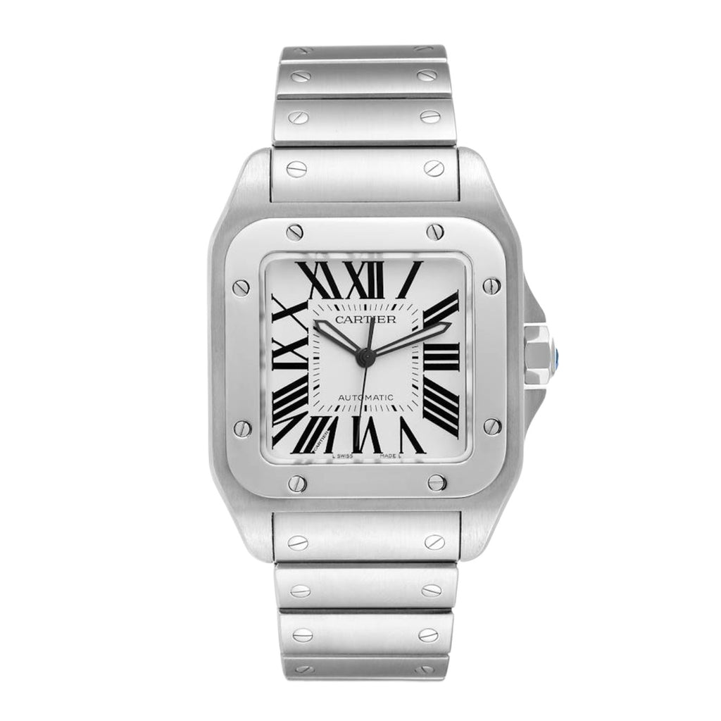 Cartier, Santos 100 38mm | Stainless Steel Bracelet | Silver Dial Stainless Steel Bezel | Men's Watch, Ref. # W200737G