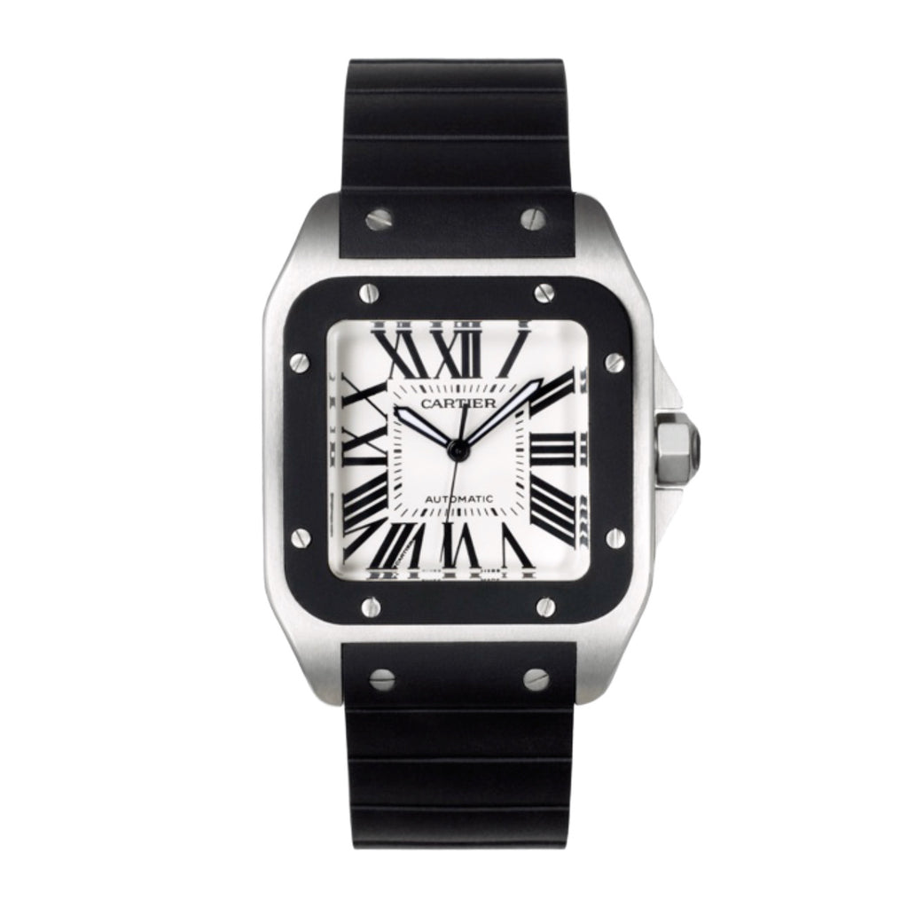 Cartier, Santos 100 38 mm | Black Rubber Bracelet | Silver Dial Black Bezel | Men's Watch, Ref. # W20121U2