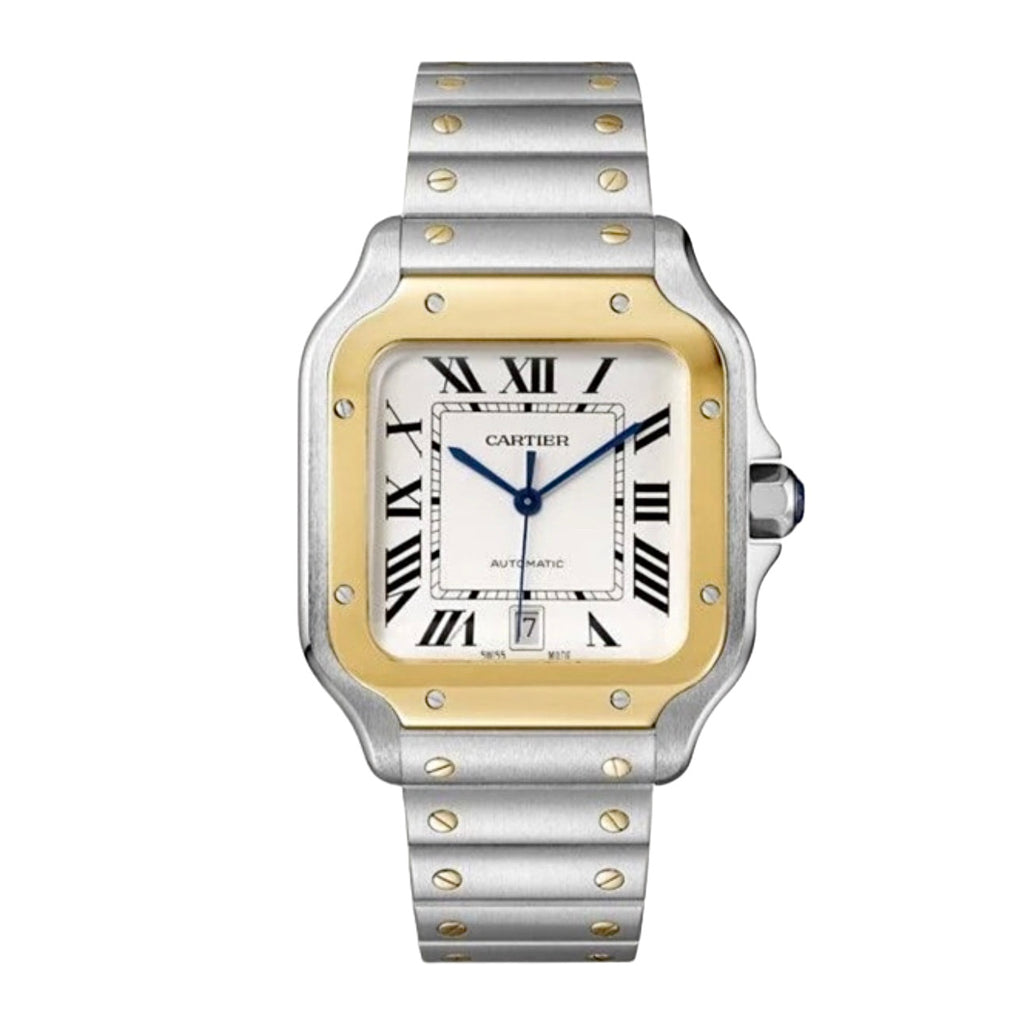 Cartier, Santos 100 40mm | Stainless Steel Bracelet | Silver Dial Steel & gold Bezel | Men's Watch, Ref. # W2SA0009