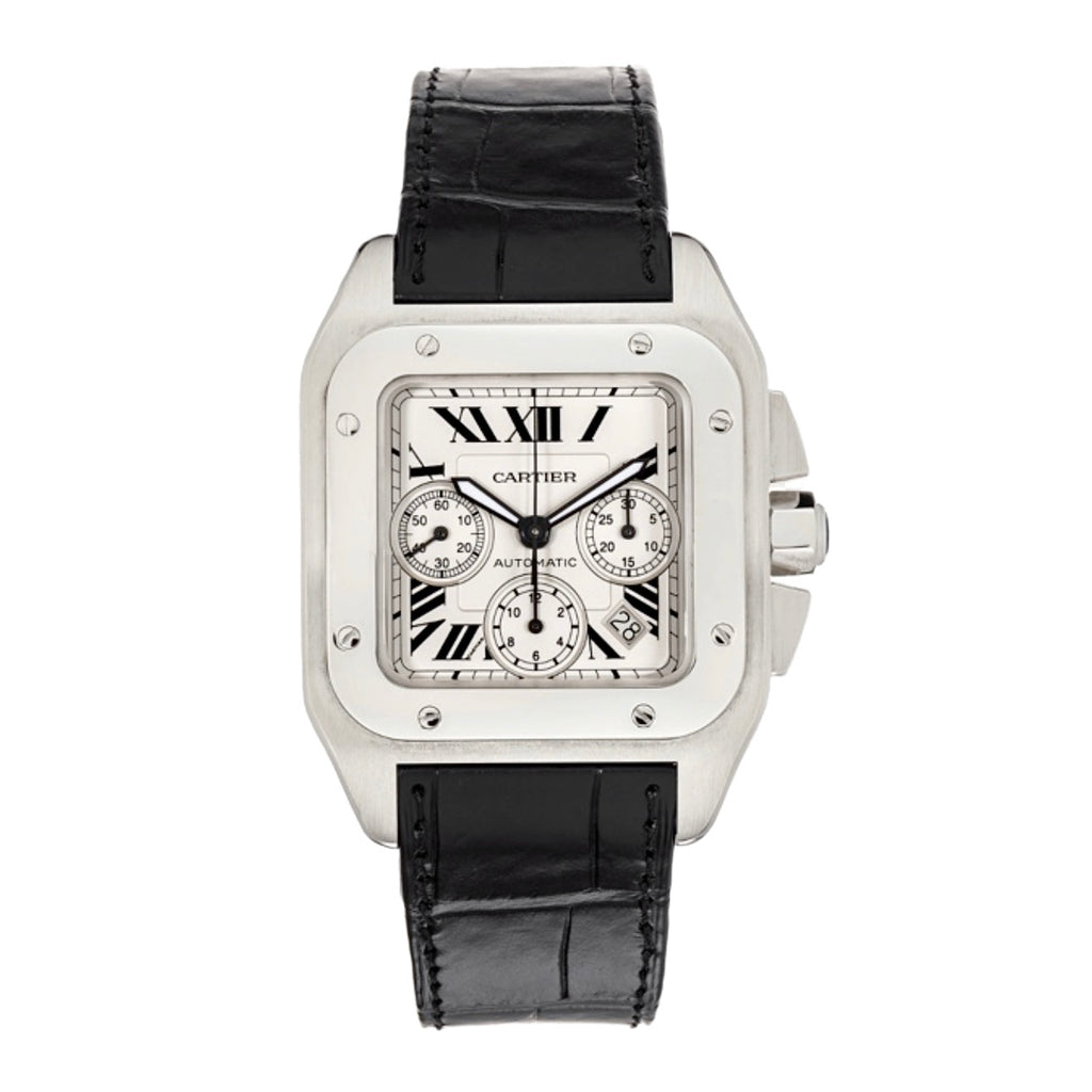 Cartier, Santos 100 42mm | Black Leather Strap | White Dial Stainless Steel Bezel | Chronograph Men's Watch, Ref. # W20090X8