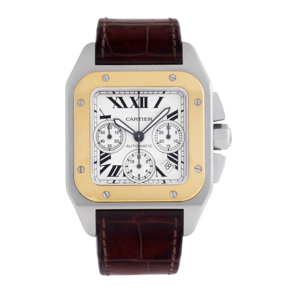 Cartier, Santos 100 42mm | Brown Leather Strap | Silver Dial Yellow Gold Bezel | Men's Watch, Ref. # W20091X7