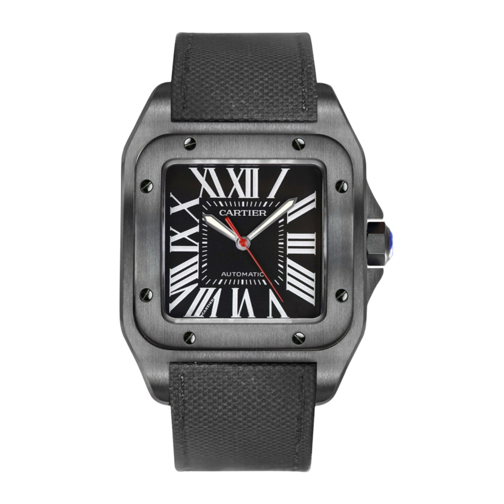 Cartier, Santos 100 44.2mm | Black Leather Strap | Black Dial Black Bezel | Men's Watch, Ref. # WSSA0006