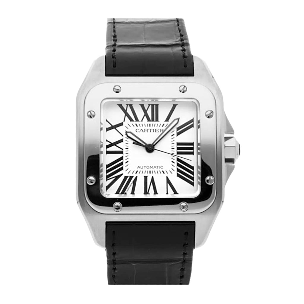 Cartier, Santos 100 51.1mm | Black Leather Strap | Silver Dial Steel Bezel | Men's Watch, Ref. # W20073XB