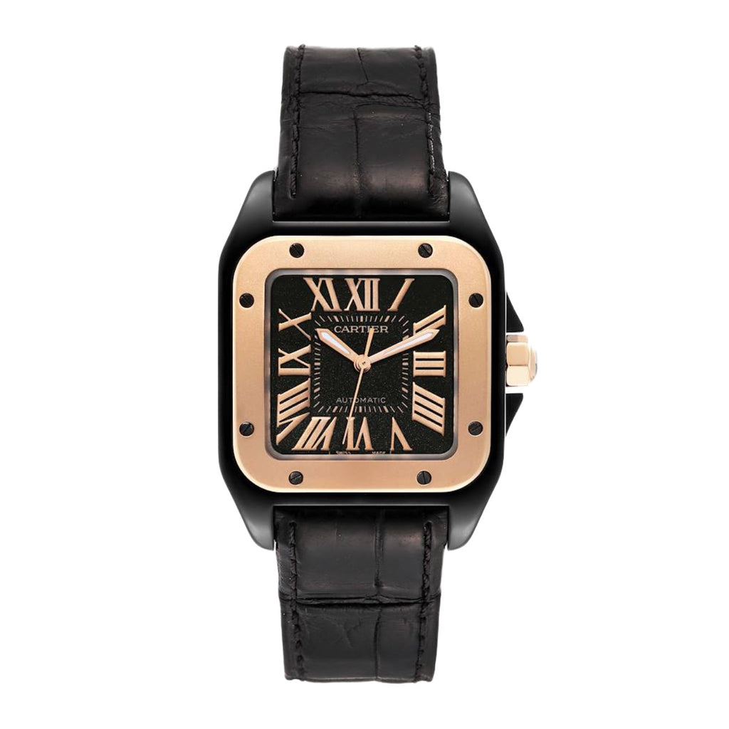 Cartier, Santos 100 51.1mm | Black Fabric Strap | Black Dial Rose Gold Bezel | Men's Watch, Ref. # W2020009