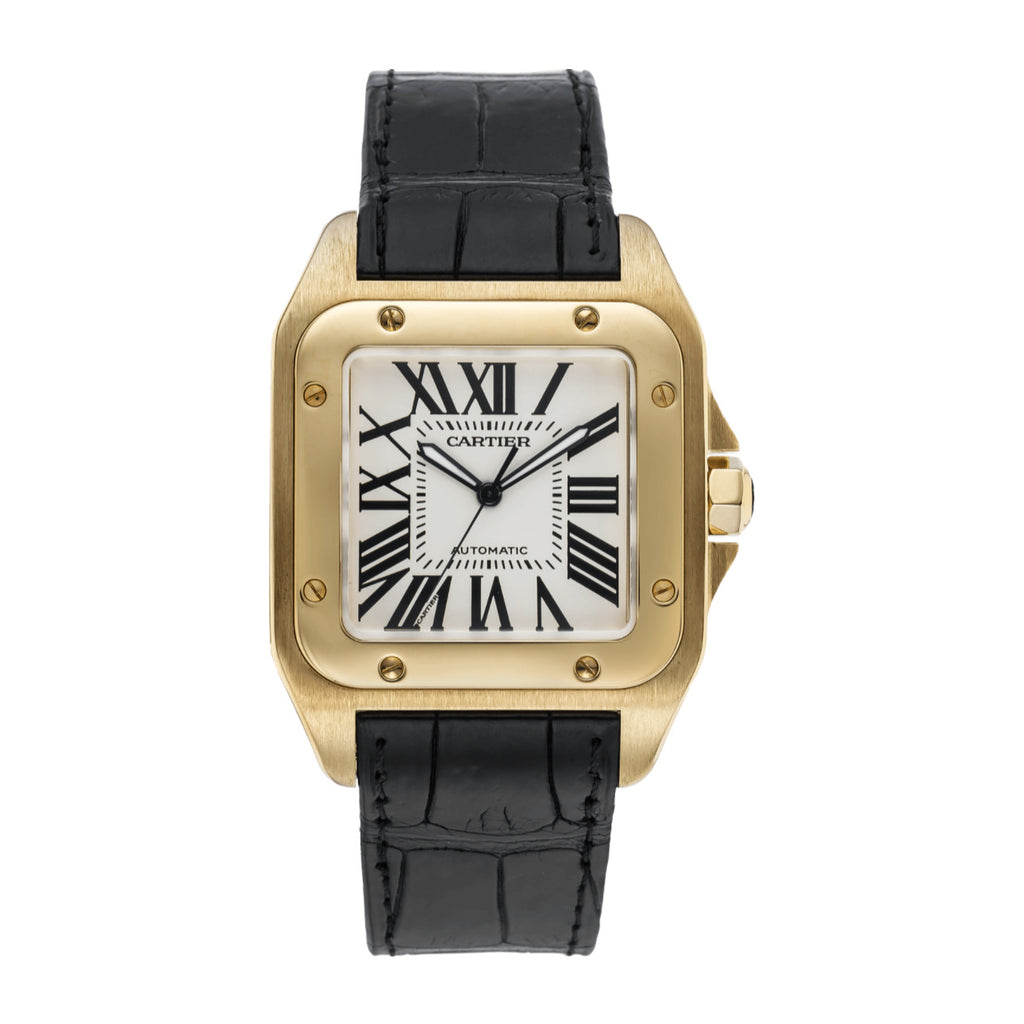 Cartier Santos 100 51mm | Brown Leather Strap | Silver Dial Yellow Gold Bezel | Yellow Gold Case | Men's Watch, Ref. # W20071Y1