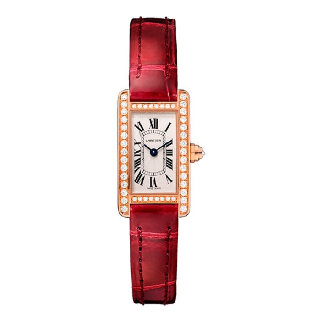 Cartier, Tank Americaine 27mm | Red Leather Strap Bracelet | Silver Dial Diamond Bezel | Ladies Watch, Ref. # WB710014