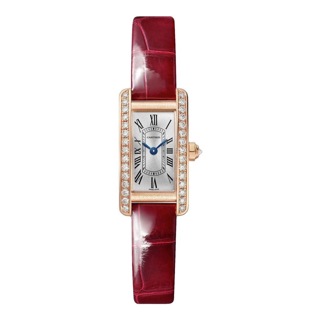 Cartier, Tank Americaine 28 mm | shiny red alligator-skin strap Bracelet | Silver Dial Diamond Bezel | Ladies Watch, Ref. # WJTA0041